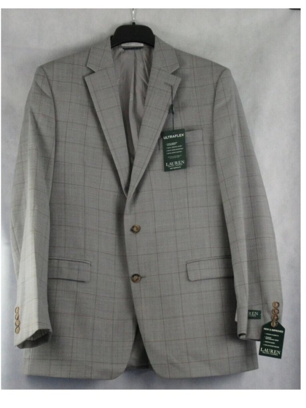 Lauren Ralph Lauren Men's Windowpane Suit Jacket, Gray With Tan, 42L / 42 Long
